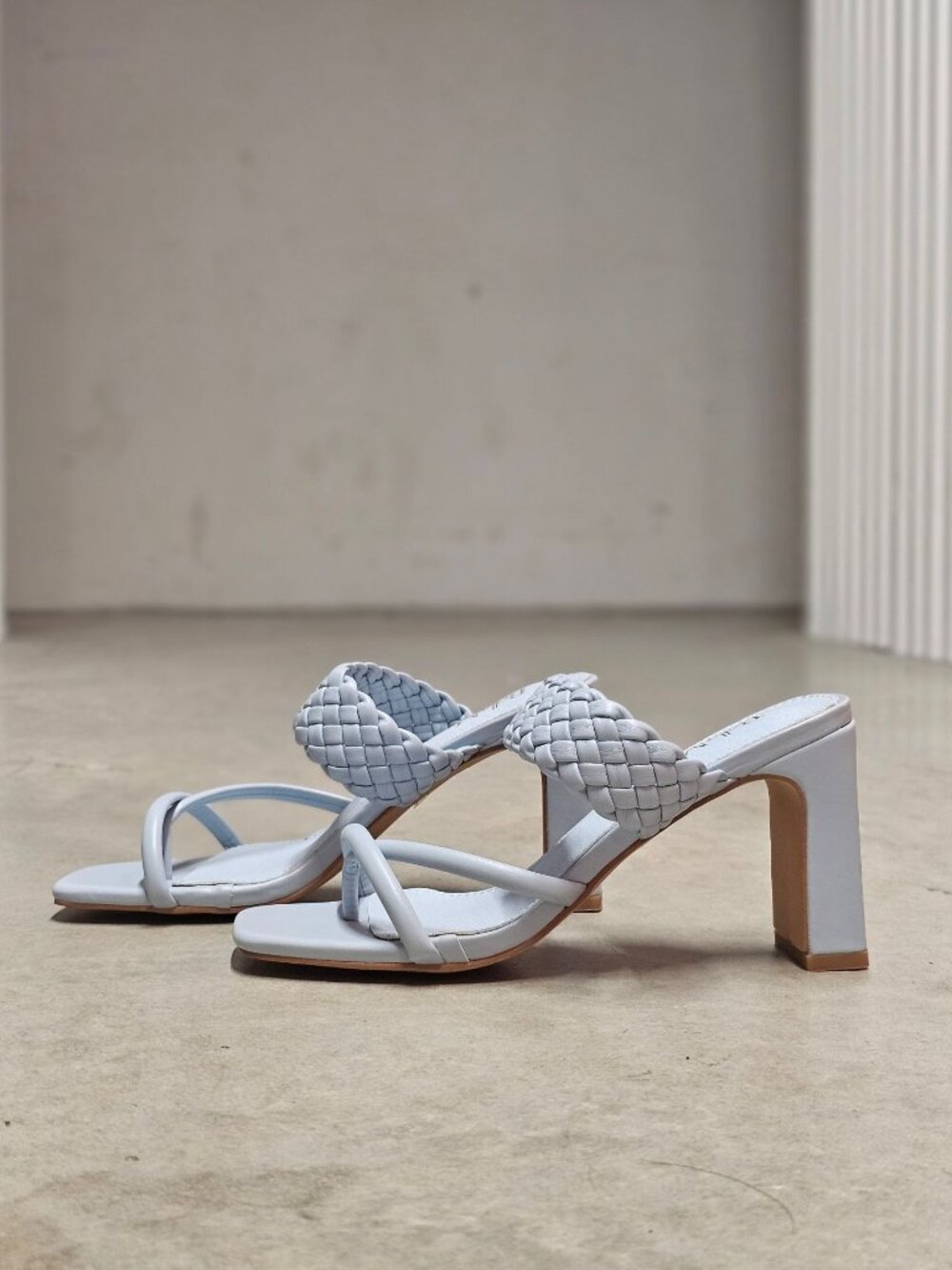 Braided Strap Block Heel Sandals In Light Blue With Square Toe Design